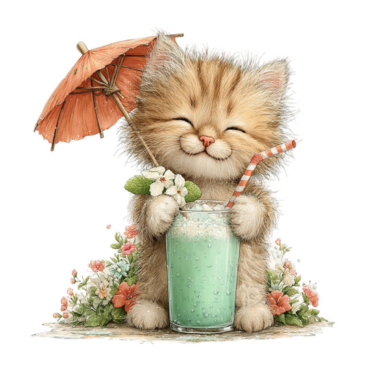cat, kitten, fluffy, cute, whimsical, playful, animals, pet, cream, beige, tan, coral, coral pink, mint green, soft colors, pastel, summer, spring, tropical, umbrella, beverage, cocktail, drink, flowers, floral, daisies, botanical, nature, cheerful, sweet