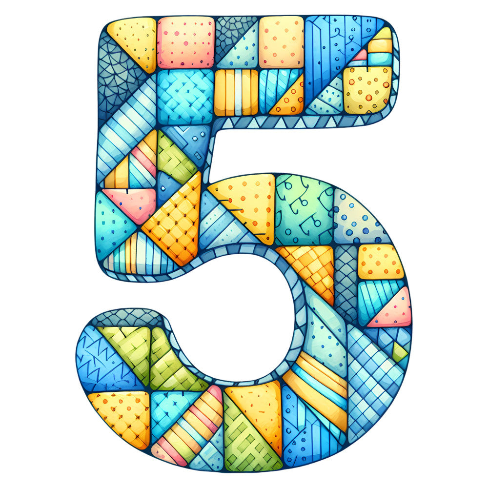 geometric, patchwork, colorful, modern, abstract, whimsical, blue, yellow, coral pink, sky blue, navy blue, seafoam green, golden yellow, pastel, polka dots, stripes, grid pattern, crosshatch, contemporary, playful, bright, vibrant, mixed patterns, multi-color, decorative, wall hanging, quilt panel, number design, artistic, bold