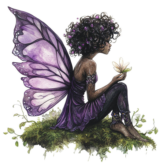 purple wings, fairy, fantasy, whimsical, nature, botanical, flower, moss, black curly hair, diverse, magical, enchanted, dark purple, lavender, cream, sage green, ethereal, elegant, bohemian, celestial, woodland, garden, delicate wings, butterfly wings, feminine, spiritual, mystical, spring, summer, wall art