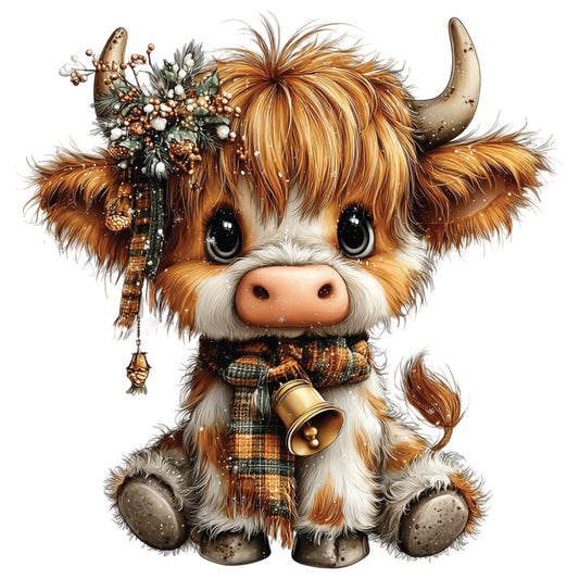 christmas highland cow, fabric panel, orange fur, brown colors, cream white, festive decorations, pine cones, berries, plaid scarf, cow bell, horns, sitting pose, cute cartoon style, winter theme, holiday motif, quilting cotton, craft panel, adorable animal, shaggy fur, seasonal fabric