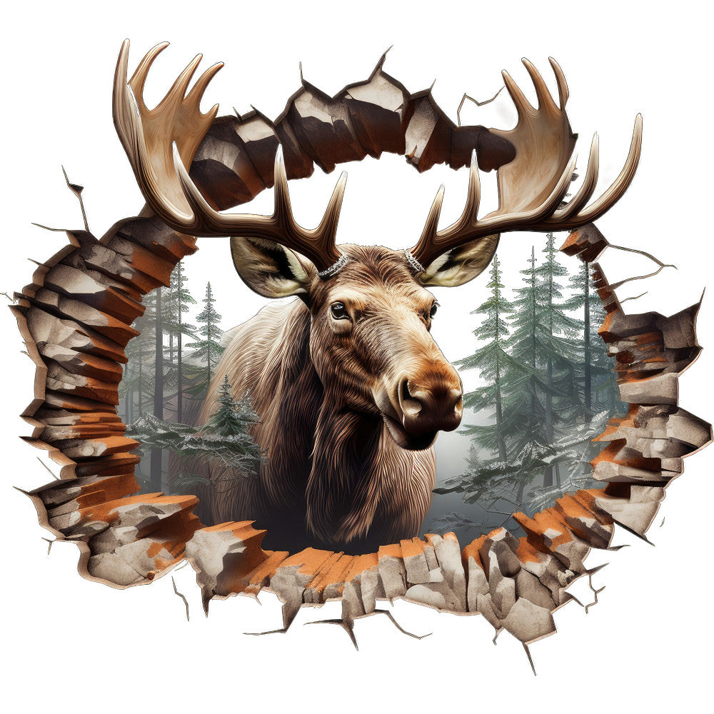 moose, antlers, breaking through, wildlife, forest, pine trees, brown, tan, beige, rustic, outdoor, hunting, masculine, fabric panel, quilting cotton, nature scene, woodland, cracked wall effect, realistic art, animal portrait