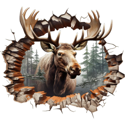 moose, antlers, breaking through, wildlife, forest, pine trees, brown, tan, beige, rustic, outdoor, hunting, masculine, fabric panel, quilting cotton, nature scene, woodland, cracked wall effect, realistic art, animal portrait