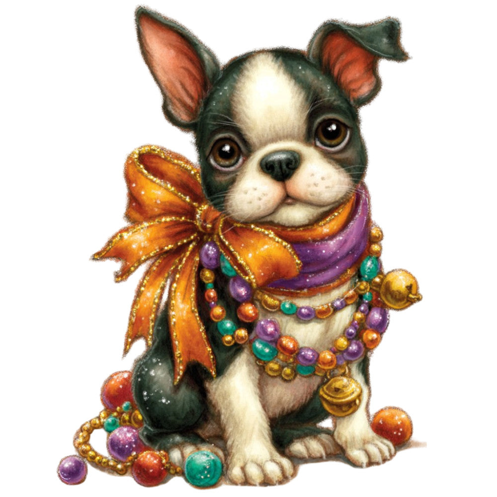 black and white dog, boston terrier, chihuahua, puppy, festive, holiday, celebration, gold beads, purple beads, turquoise beads, orange bow, golden orange, jeweled, beaded, whimsical, playful, cute animals, fancy dress, decorated, elegant, colorful beads, mardi gras, party theme, joyful, charming, illustration art, adorable pets, fancy pet, decorative bow