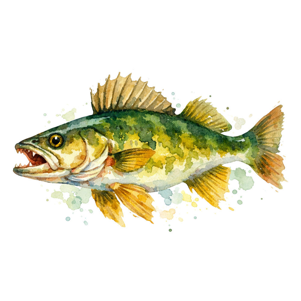 bass fish, fishing, watercolor fish, green fish, yellow fins, largemouth bass, fishing theme, nature, wildlife, aquatic, water sports, sportsman, outdoorsman, forest green, sage green, golden yellow, bronze, cream, watercolor style, artistic, whimsical, nature illustration, fish motif, realistic animal, detailed illustration, fishing decor, cabin style, rustic outdoor, summer, spring