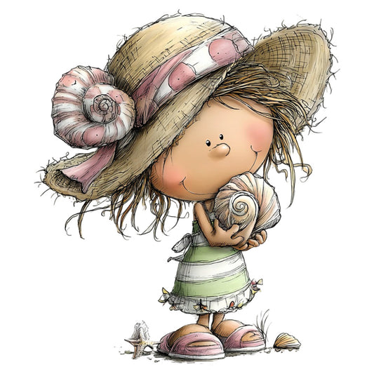 whimsical, cute girl, straw hat, nautical, beach theme, seaside, shells, seashells, spiral shells, coastal, ocean, summer, pastel colors, cream, tan, dusty rose, mauve pink, sage green, soft colors, children's illustration, storybook style, vintage charm, character design, girl with hat, nature elements, coastal decor, beach scene, child's room, nursery, springtime