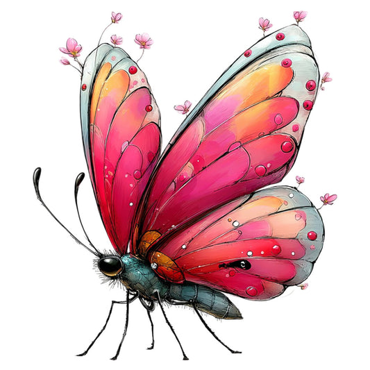hot pink, coral pink, magenta, rose red, yellow-orange, peach, pastel pink, butterfly, pink flowers, nature, whimsical, botanical, spring, summer, garden, insects, decorative beads, gradient color, artistic, modern, elegant, children's fabric, nursery, nature-inspired, floral accents, delicate, colorful, fantasy, dreamy