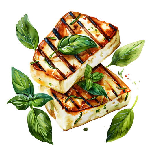 grilled cheese, food illustration, basil, fresh herbs, culinary, kitchen décor, green and cream, golden brown, charred marks, appetizer, gourmet, food art, realistic food, foodie, culinary themed, whimsical food, modern illustration, summer entertaining, table runner, kitchen wall art, contemporary art, detailed illustration, food lover gift, culinary gifts, restaurant décor, bistro style, cafe themed, artisan food, rustic modern, food design