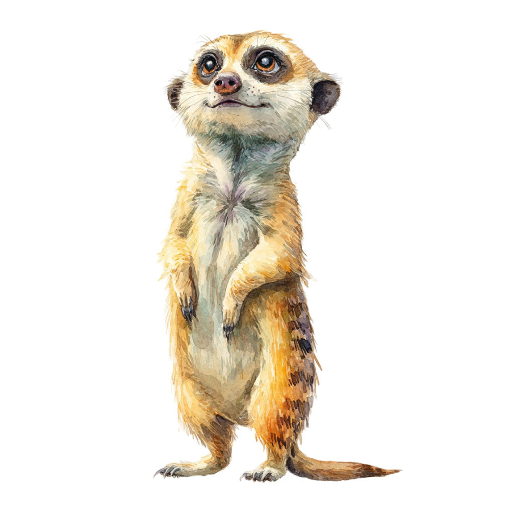 meerkat, wildlife, animals, safari, standing pose, tan, cream, beige, brown, gold, ochre, realistic illustration, nature, whimsical, cute, alert expression, african wildlife, children's, educational, character panel, wall hanging, nursery, playful, detailed illustration, watercolor style, mammal, small animal, curious, upright stance