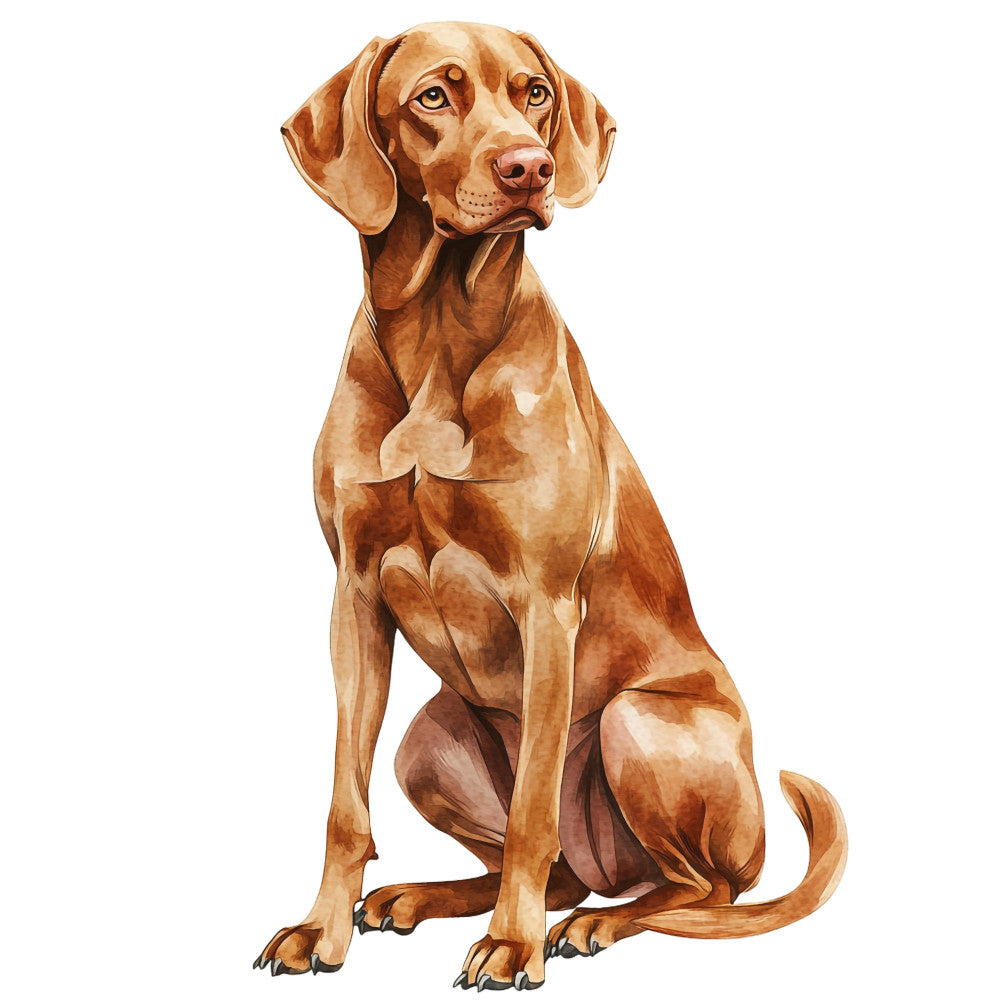 chocolate brown, tan, cream, rust, golden brown, dog, hunting dog, pointer, animal portrait, realistic, nature, pet lover, dog breed, sitting dog, sporting dog, traditional, elegant, lifelike, detailed illustration, brown and tan, multi-colored brown, domestic animals, dog themed, pet themed, home decor, wall art, dog lovers gift, canine, purebred