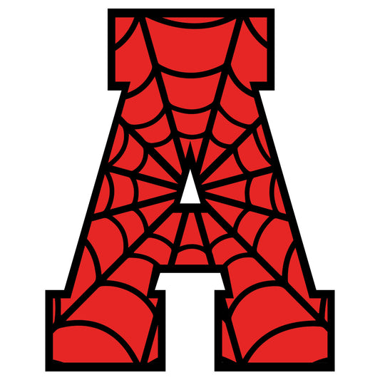 red, black, spider web, alphabet letter, superhero themed, comic book style, geometric pattern, fabric panel, quilting cotton, children's fabric, bright colors, web design, letter a, bold graphics, cartoon style, novelty print, craft fabric, sewing material, vibrant red, black outlines