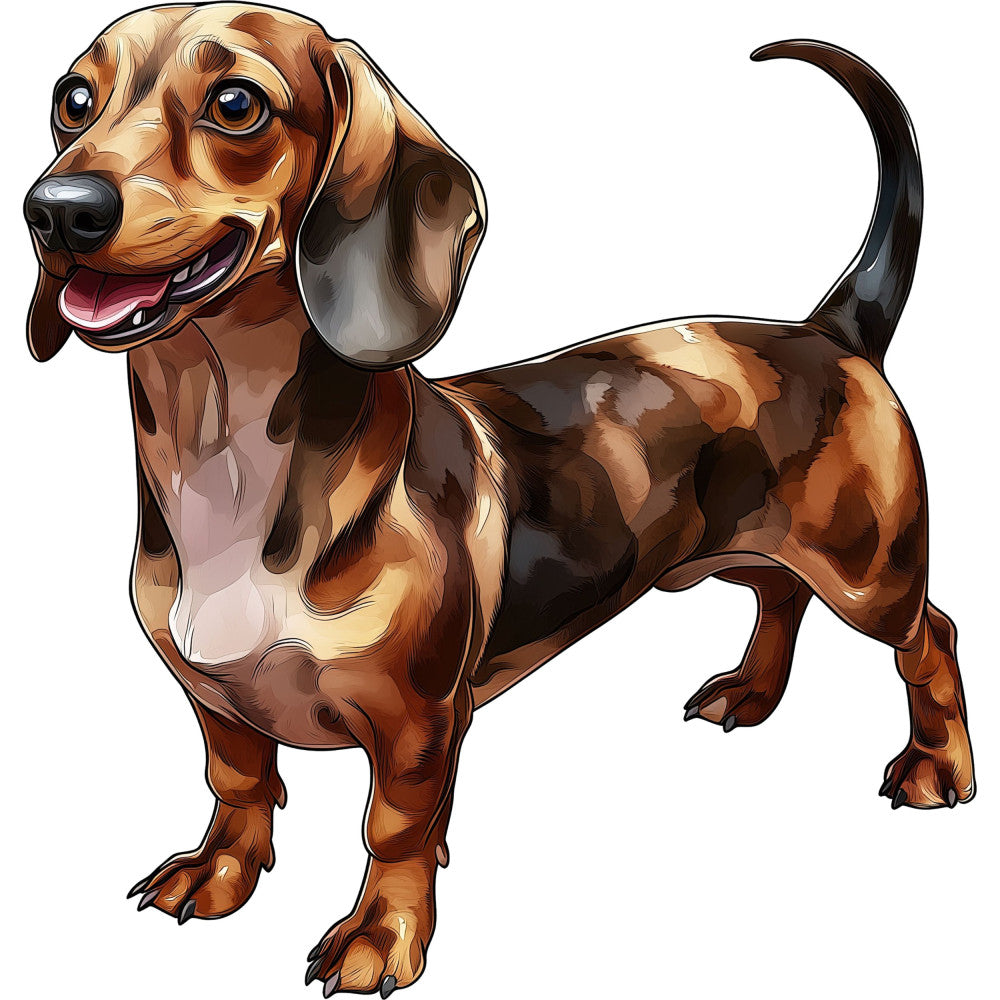 dachshund, dog, brown, tan, cream, chocolate brown, animal, pet, whimsical, cute, playful, happy expression, children's, kid's, puppy, wiener dog, sausage dog, portrait, character, fun, cheerful, cartoon style, illustrated, novelty, dog lover, pet themed, gift, nursery, home decor