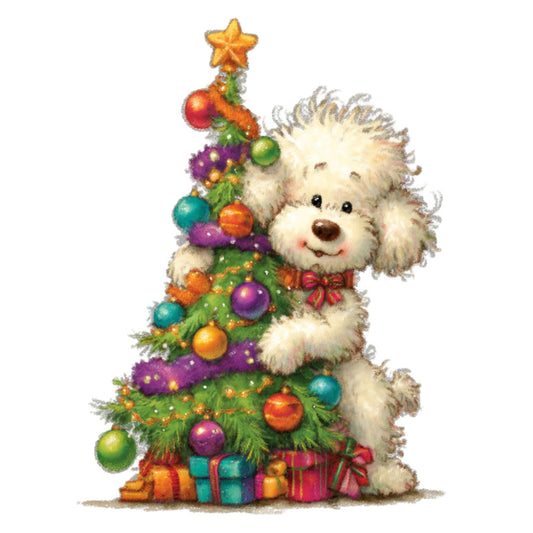 cute puppy, fluffy dog, white dog, christmas tree, holiday, festive, colorful ornaments, gold star, red bow, purple ornaments, teal ornaments, orange ornaments, green branches, gift boxes, whimsical, cheerful, christmas, winter, seasonal, children's, kids, playful, dog lover, pet themed, family friendly, bright colors, multicolor, christmas decoration, greeting card, holiday spirit