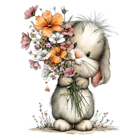fluffy bunny, cute animals, rabbit, woodland creatures, spring flowers, pastel colors, cream white, soft gray, coral pink, orange cosmos, daisy, gentle illustration, whimsical style, children's design, baby nursery, sweet animals, nature theme, floral bunny, tender botanical, springtime, soft pastels, adorable character, kids fabric, decorative panel, storybook illustration, romantic style, soft watercolor, bunny holding flowers, garden theme