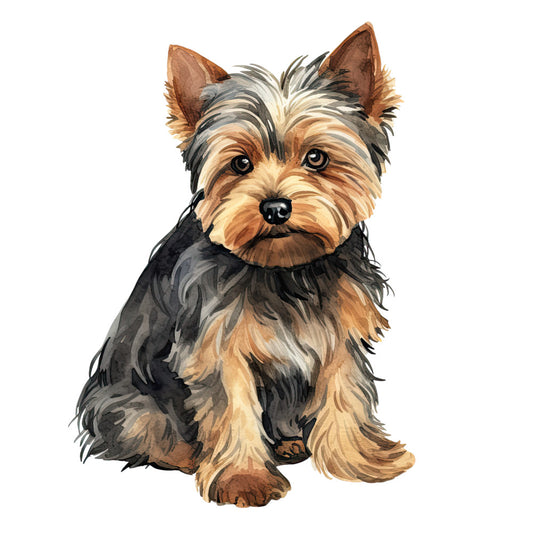 Watercolor Dogs Fabric Panel 12 featuring a detailed watercolor illustration of a small Yorkshire Terrier dog on premium quilting cotton.