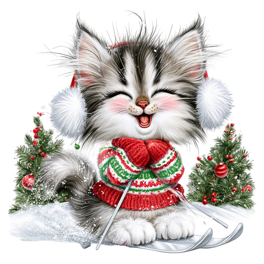 white cat, black and white, red, forest green, christmas, holiday, festive, winter, snow, cat with sweater, knit sweater pattern, whimsical, cute animals, playful, joyful, evergreen branches, ornaments, red bow, seasonal, winter animals, cozy, cheerful, novelty print, children's, character fabric, holiday decoration, festive animals, red and green, metallic accents
