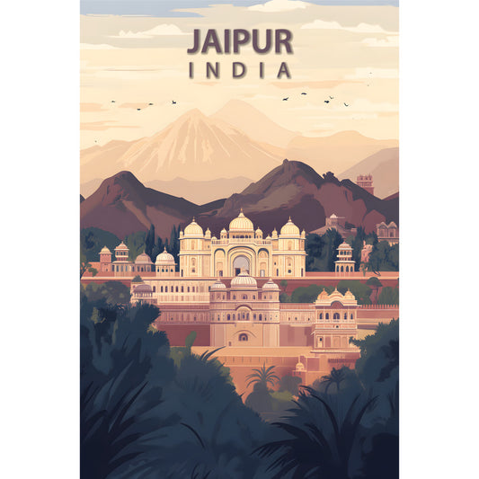 fabric panel, travel poster, jaipur india, palace architecture, mountain landscape, sunset colors, peach tones, purple hues, cream colors, vintage poster style, architectural details, domed buildings, tropical plants, birds in flight, layered mountains, quilting cotton, decorative panel, scenic view, wanderlust theme, exotic destination