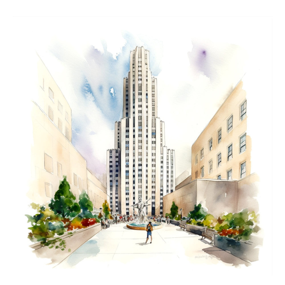 watercolor architecture, city skyline, urban landscape, art deco building, skyscraper, cream beige, soft blue, gentle gray, pale yellow, muted purple, modern style, contemporary art, elegant design, sophisticated, artistic illustration, botanical elements, green foliage, flowering plants, plaza scene, public space, travel theme, city life, architectural art, soft watercolor, impressionist style, decorative panel, wall art, home decor, neutral tones