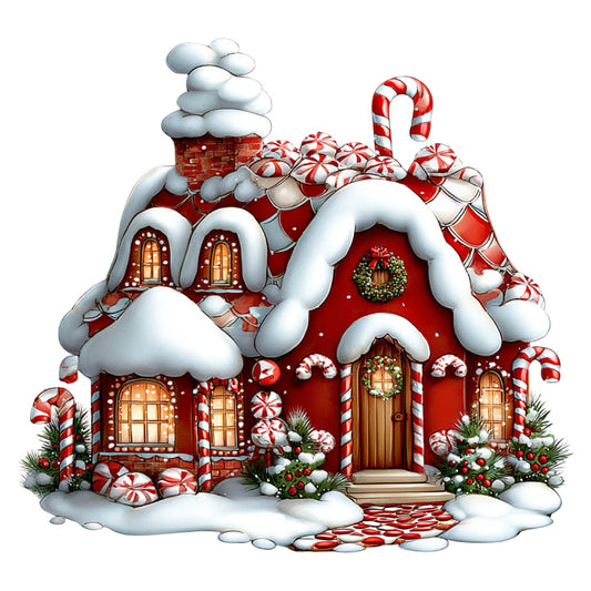 gingerbread house, christmas, holiday, red and white, candy cane, snow, winter, festive, whimsical, chimney, wreath, peppermint, brick red, cream, candy themed, gingerbread, traditional, seasonal, december, yuletide, storybook, cottage core, fairy tale, snowy landscape, illuminated windows, nostalgic, red striped, architectural, cheerful, decorative