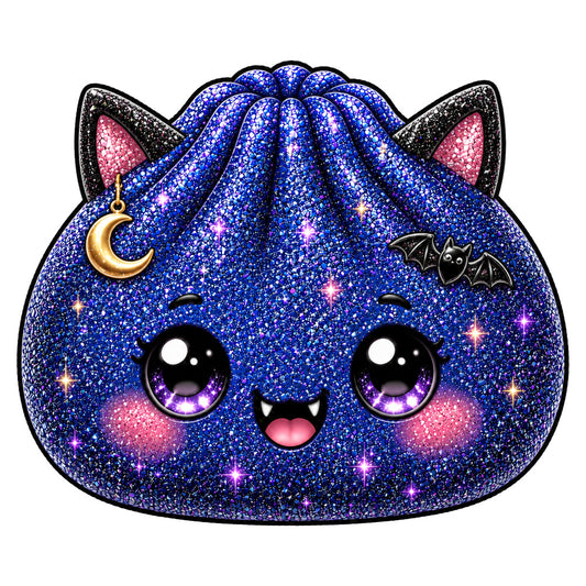 royal blue glitter, deep blue sparkle, pink glitter, black outline, cute cat face, whimsical cat, magical cat, celestial theme, moon charm, bat motif, star sparkle, purple eyes, kawaii style, fantasy animal, night sky, cosmic design, glitter texture, shimmery finish, playful expression, gothic glam, magical creature, children's design, girl's fabric, animal face panel, enchanted theme, metallic accents, dark blue with sparkle, pink cheeks, novelty print