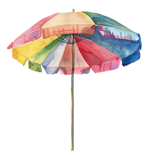 umbrella, watercolor, cityscape, skyline, travel, whimsical, playful, rainbow, multicolor, coral pink, soft yellow, sage green, navy blue, dusty rose, watercolor art, architecture, summer, parasol, beach, vacation, bohemian, artistic, abstract, nature inspired, colorful, hand painted, illustration, decorative, home decor, wall hanging