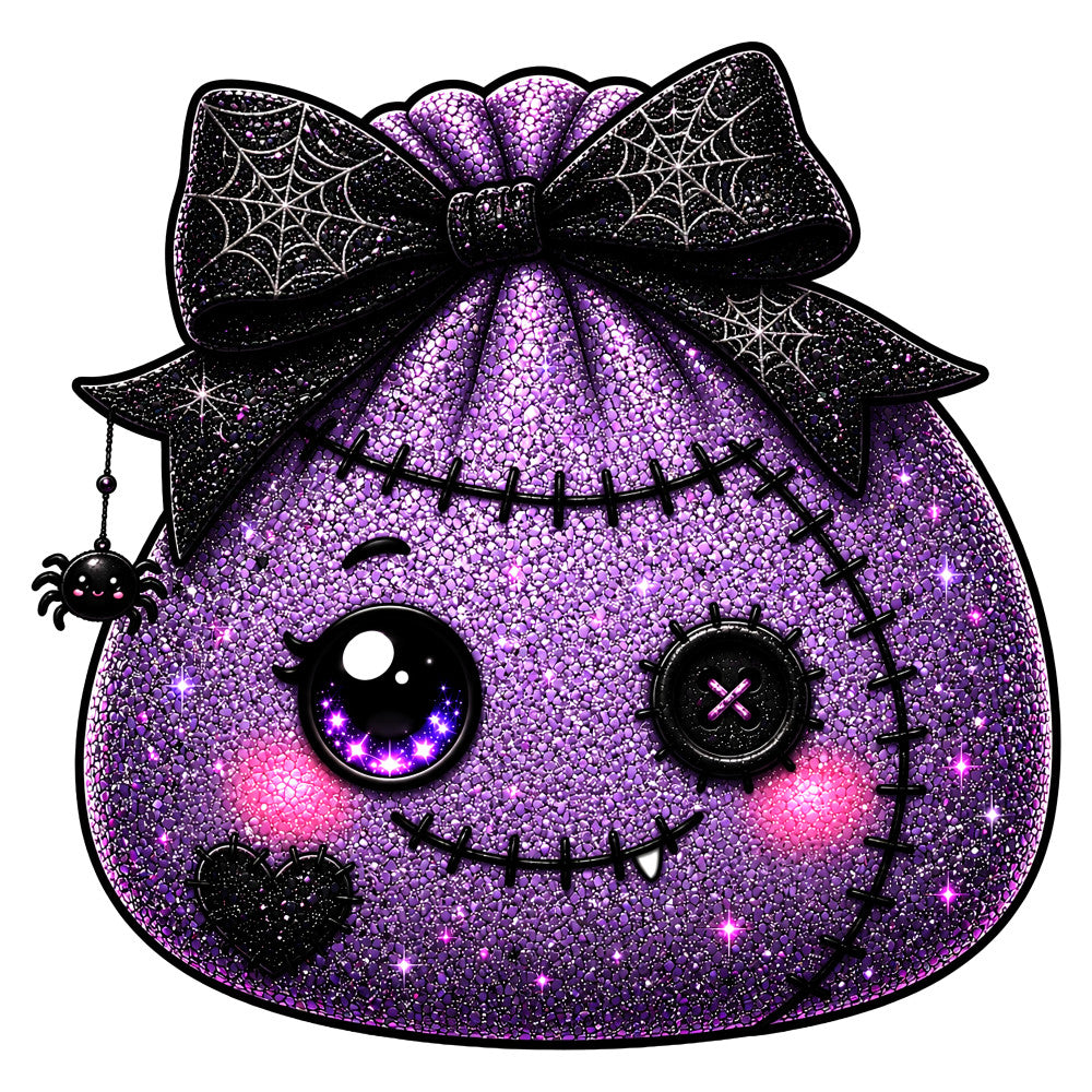 purple glitter, black sparkle, gothic, spooky, halloween, cute monster, stitched face, bow, spider, web, creepy cute, whimsical, dark magic, mystical, haunted, festive, embellished glitter, magical, character face, seasonal, holiday, autumn, october, trick or treat, monster face, gothic aesthetic, kid-friendly spooky, metallic shimmer, novelty