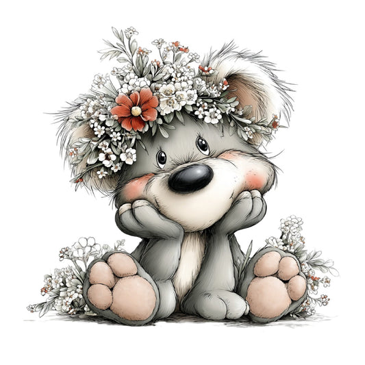 adorable animals, baby animals, bear, cheerful, coral, cream, cute, daisy, dogs, floral, flowers, garden, gentle, gray, grey, illustration, kids, nature, nursery, pastel, playful, puppy, rust, soft colors, spring, sweet, teddy bear, whimsical, white