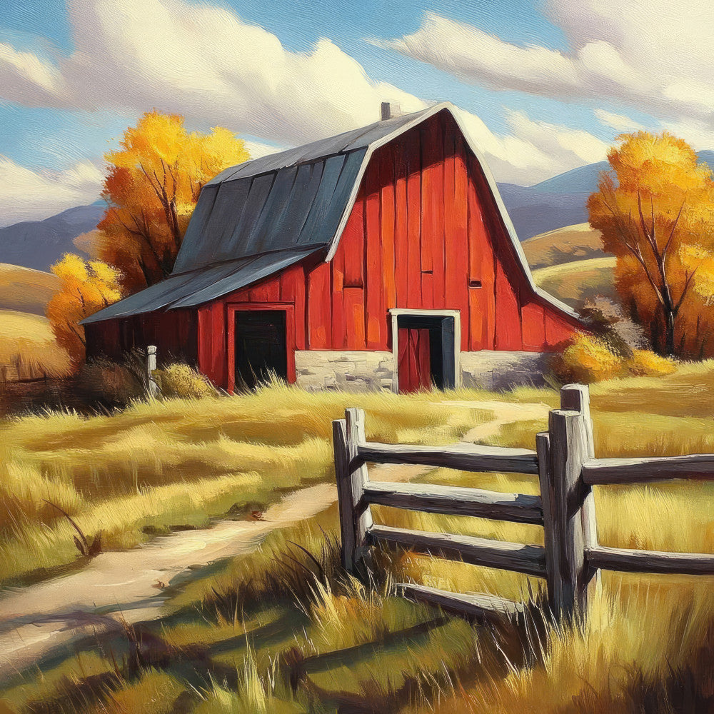 red barn, autumn, fall, farmhouse, rural landscape, countryside, golden yellow, cream, charcoal gray, forest green, rustic, vintage, pastoral, barn doors, wooden fence, golden fields, harvest, nature scene, landscape, traditional, americana, country living, autumn trees, nostalgic, scenic, farm life, mountains, clouds, idyllic