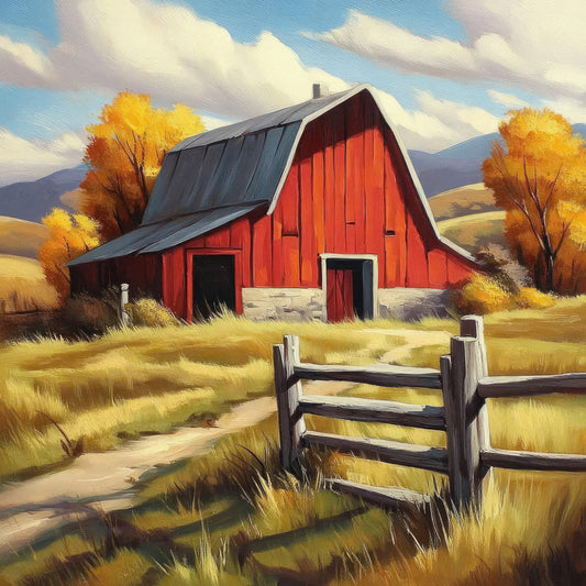 red barn, autumn, fall, farmhouse, rural landscape, countryside, golden yellow, cream, charcoal gray, forest green, rustic, vintage, pastoral, barn doors, wooden fence, golden fields, harvest, nature scene, landscape, traditional, americana, country living, autumn trees, nostalgic, scenic, farm life, mountains, clouds, idyllic