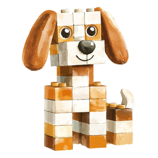 orange, white, brown, beige, building blocks, dog, puppy, beagle, long ears, geometric shapes, rectangular blocks, children's design, playful, cute animal, fabric panel, quilting cotton, toy blocks, construction theme, kid-friendly, crafting material