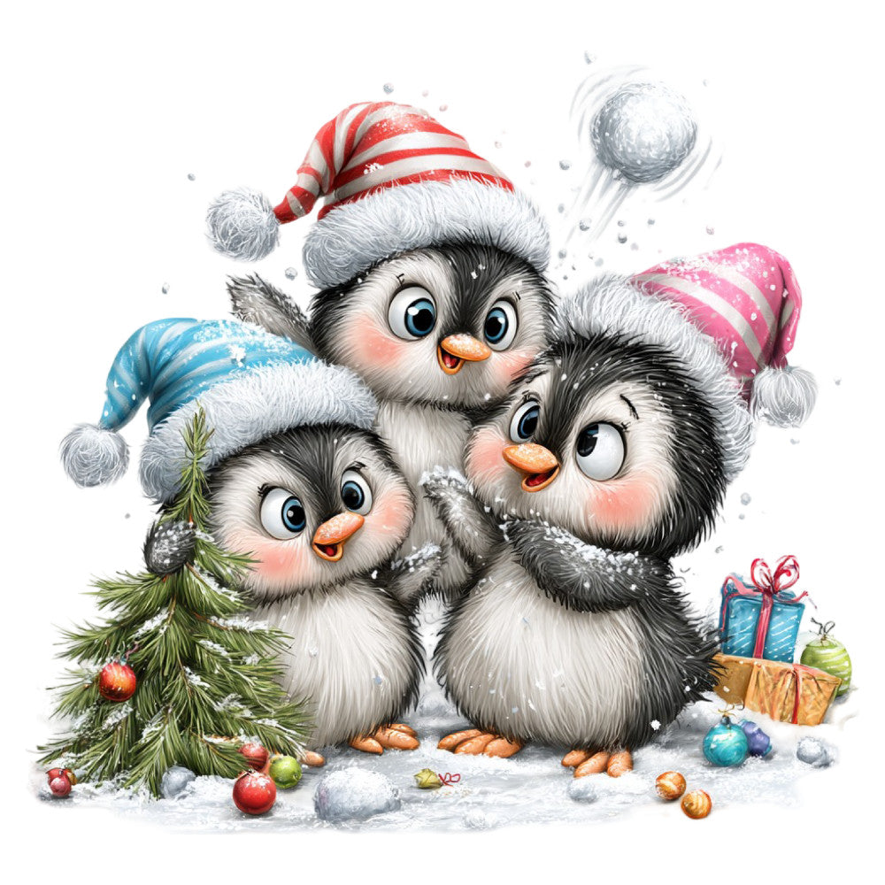 christmas, holiday, winter, penguins, birds, animals, festive, cute, whimsical, family, children, baby, red and white stripes, navy blue, pink, gold, silver, snowy, snow, gifts, presents, evergreen tree, pine tree, ornaments, playful, cheerful, joyful, seasonal