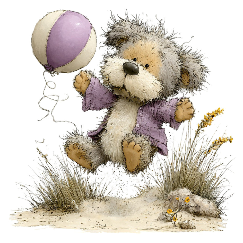 lavender, cream, tan, brown, gold, mauve, whimsical, cute animals, teddy bear, children's, baby, nature, countryside, grass, wildflowers, yellow flowers, rustic, charming, storybook, illustration style, playful, gentle, soft, vintage children's, woodland, pastoral, spring, summer, nursery, baby quilt