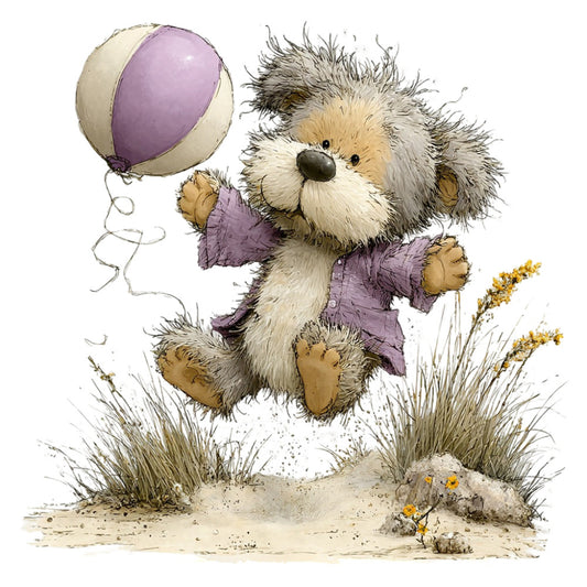 lavender, cream, tan, brown, gold, mauve, whimsical, cute animals, teddy bear, children's, baby, nature, countryside, grass, wildflowers, yellow flowers, rustic, charming, storybook, illustration style, playful, gentle, soft, vintage children's, woodland, pastoral, spring, summer, nursery, baby quilt