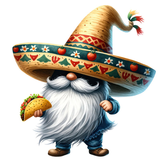 mexican gnome, sombrero, taco, white beard, turquoise blue, red peppers, yellow corn, green foliage, floral pattern, whimsical character, fabric panel, quilting cotton, cartoon style, festive theme, cinco de mayo, southwestern design, cheerful mood, bright colors, decorative motifs, craft project