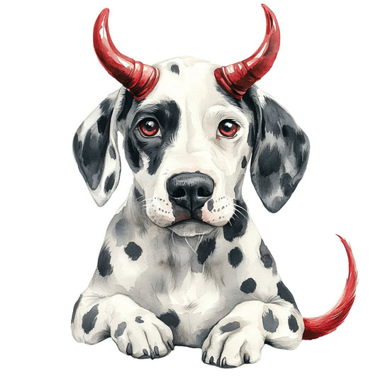 black and white, red, cream, white, spotted, dalmatian, dog, animal, devils horns, demon, whimsical, playful, cute, humorous, funny, novelty, character, mischievous, fantasy, modern, quirky, bold, striking, conversation piece, children's, kids, pet themed, dog lover, statement fabric, eye catching