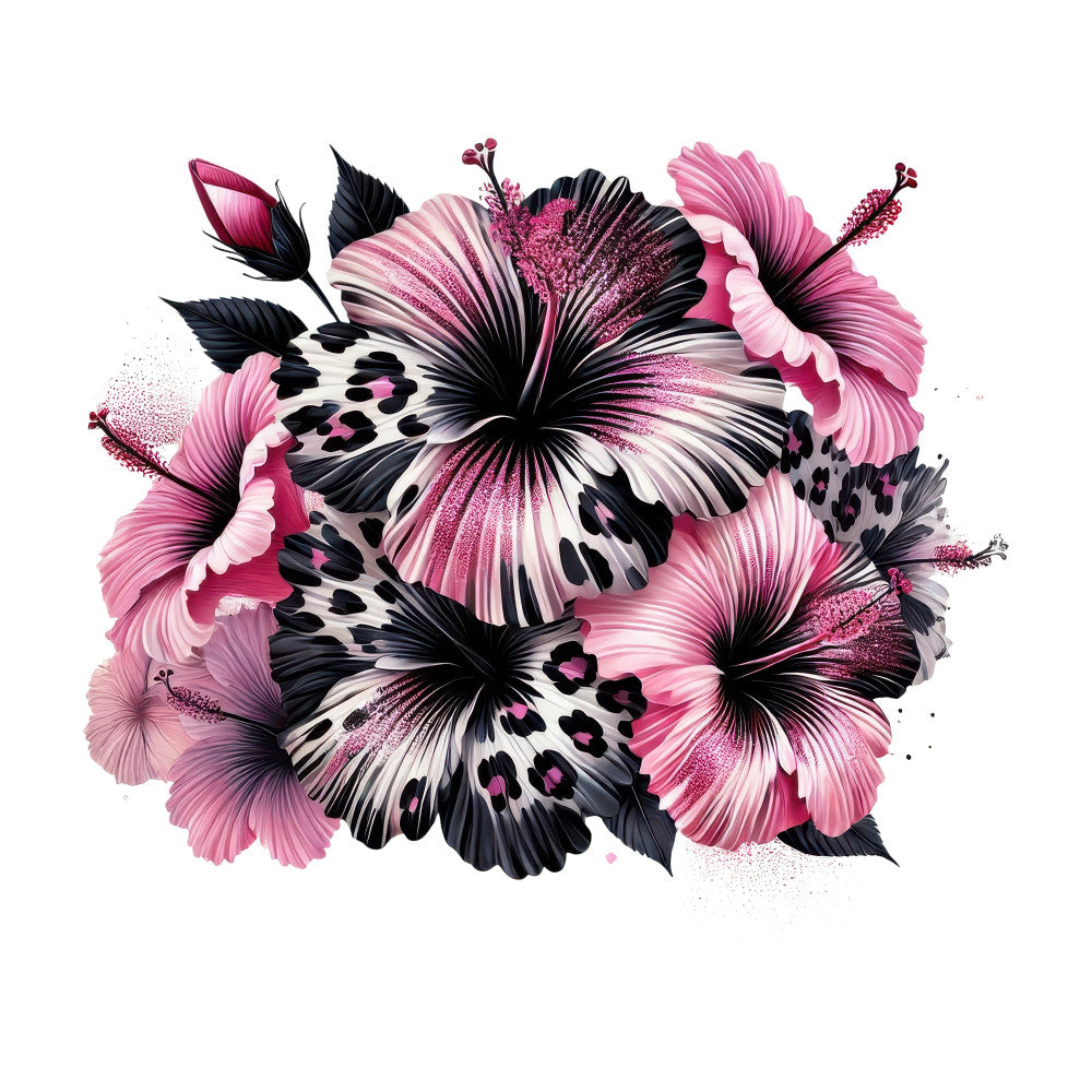 hot pink, magenta, deep black, white, pink and black floral, hibiscus, butterfly, leopard print, animal print, nature, tropical, modern, elegant, whimsical, bold, vibrant, statement fabric, home decor, wall art, botanical, garden, exotic, artistic, contemporary, feminine, dramatic, high contrast, decorative panel, mixed media, glitter accents