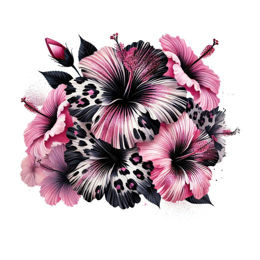 hot pink, magenta, deep black, white, pink and black floral, hibiscus, butterfly, leopard print, animal print, nature, tropical, modern, elegant, whimsical, bold, vibrant, statement fabric, home decor, wall art, botanical, garden, exotic, artistic, contemporary, feminine, dramatic, high contrast, decorative panel, mixed media, glitter accents