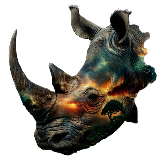 rhino, wildlife, animals, nature, double exposure, landscape, savanna, african, sunset, orange, golden yellow, deep teal, forest green, charcoal gray, burnt orange, earthy tones, abstract, artistic, modern, contemporary, elegant, majestic, dramatic, celestial, trees, acacia, silhouette, wall hanging, art panel, home decor