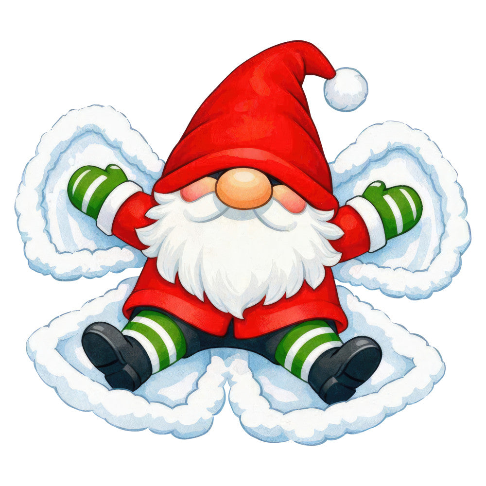 gnome, christmas, holiday, winter, snow, red, white, cream, forest green, striped socks, whimsical, festive, seasonal, santa gnome, bearded gnome, sitting gnome, cloud background, snowy, december, yuletide, jolly, cheerful, cute characters, children's fabric, family holiday, winter wonderland, folk art style, scandinavian, christmas decoration