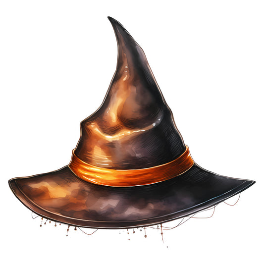 witch hat, halloween, autumn, fall, orange, black, brown, bronze, gold, copper, metallic, holiday, spooky, seasonal, magical, whimsical, mystical, enchanted, fantasy, costume, dark orange, deep brown, glowing, illuminated, elegant, dramatic, pointed hat, witchy, celestial theme, festive