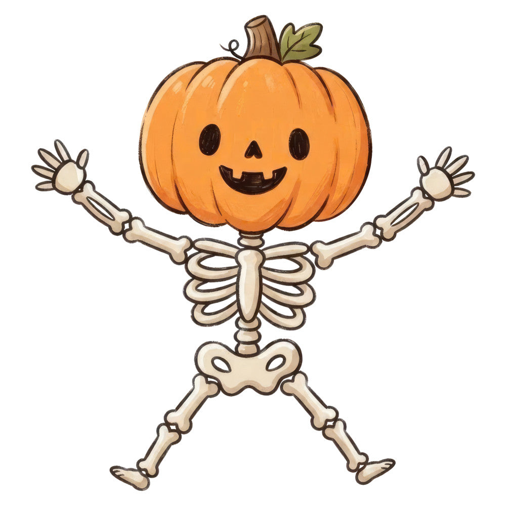 orange, cream, bone white, pumpkin, jack-o-lantern, skeleton, halloween, spooky, whimsical, playful, festive, autumn, fall, holiday, cute, cartoonish, fun, cheerful, pumpkin head, skeleton bones, ribcage, pumpkin face, smiling, dancing, joyful, seasonal, trick-or-treat, october