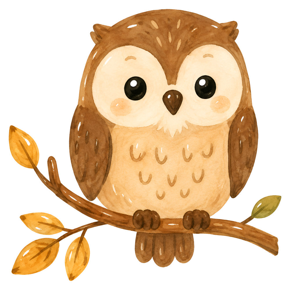 brown owl, cream, golden yellow, tan, autumn, fall, nature, animals, birds, whimsical, cute, woodland, rustic, leaves, branch, childrens, baby, nursery, wall hanging, quilt panel, seasonal, harvest, cozy, charming, country, decorative, illustration style