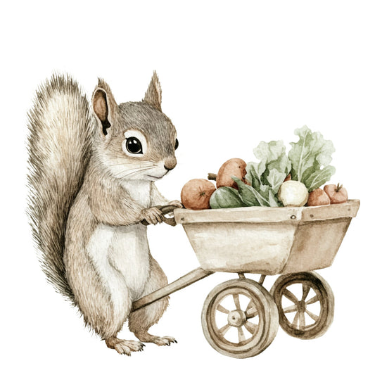 squirrel, woodland animals, nature, whimsical, rustic, vintage, farmhouse, spring, garden, vegetables, produce cart, wagon, cream, beige, tan, brown, sage green, natural tones, animal illustration, storybook, children's, nursery, cottage core, folk art, pastoral, charming, adorable, woodland creature, vegetable garden