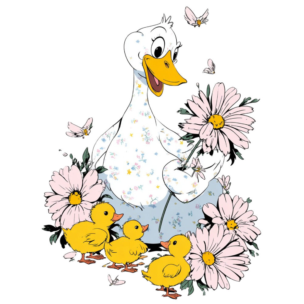 pale pink, yellow, white, soft blue, floral, daisy, ducks, ducklings, mother duck, birds, butterflies, insects, nature, spring, whimsical, cheerful, pastoral, farmhouse, baby, nursery, children's, cute, playful, botanical, garden, soft colors, pastel, sweet, gentle, storybook