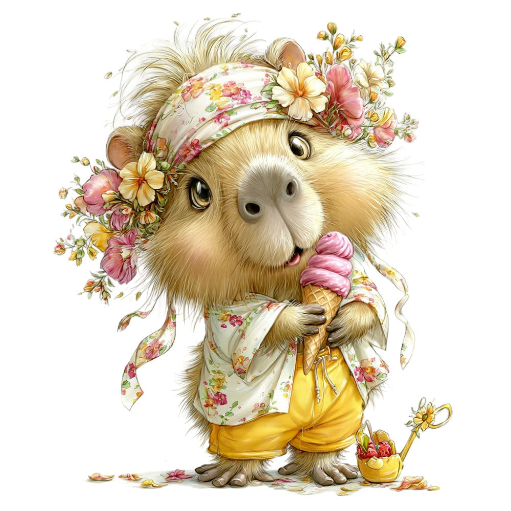 cute animal, whimsical, bear, ice cream cone, pastel yellow, dusty rose, cream, soft pink, floral headband, flowers, spring, summer, children's fabric, baby quilt, nursery, storybook, illustration style, vintage floral, botanical, sweet, playful, adorable, fantasy, fairy tale, decorative, wall hanging, apparel, cheerful, daisy, buttercup