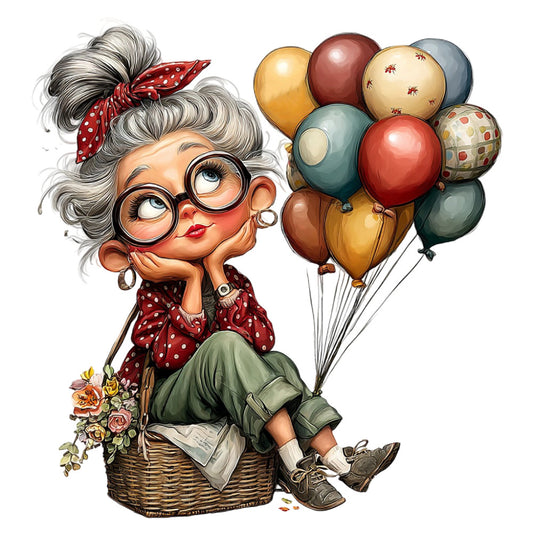 whimsical, vintage, eccentric grandmother, hot air balloon, adventure, travel, earth tones, rust red, sage green, golden yellow, dusty blue, cream, brown, polka dots, floral basket, roses, character illustration, retro, playful, folk art, whimsy, hot air balloons, colorful spheres, glasses, bandana, elderly woman, nostalgic, cottage core, wall hanging, decorative panel