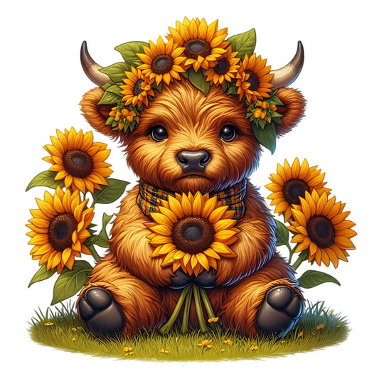 Sunflower Highland Cows Fabric Panel 19 featuring an adorable highland cow surrounded by bright sunflowers on fabric print.