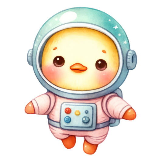 cute chick astronaut, space theme, celestial, turquoise blue, coral pink, pale yellow, orange accents, whimsical, kawaii, animals, birds, baby nursery, children's fabric, playful, modern, adventure theme, outer space, rocket ship, control panel, helmet, pastel colors, soft colors, gender neutral, baby quilt, wall hanging, nursery decor, illustrated, character design, sweet animals