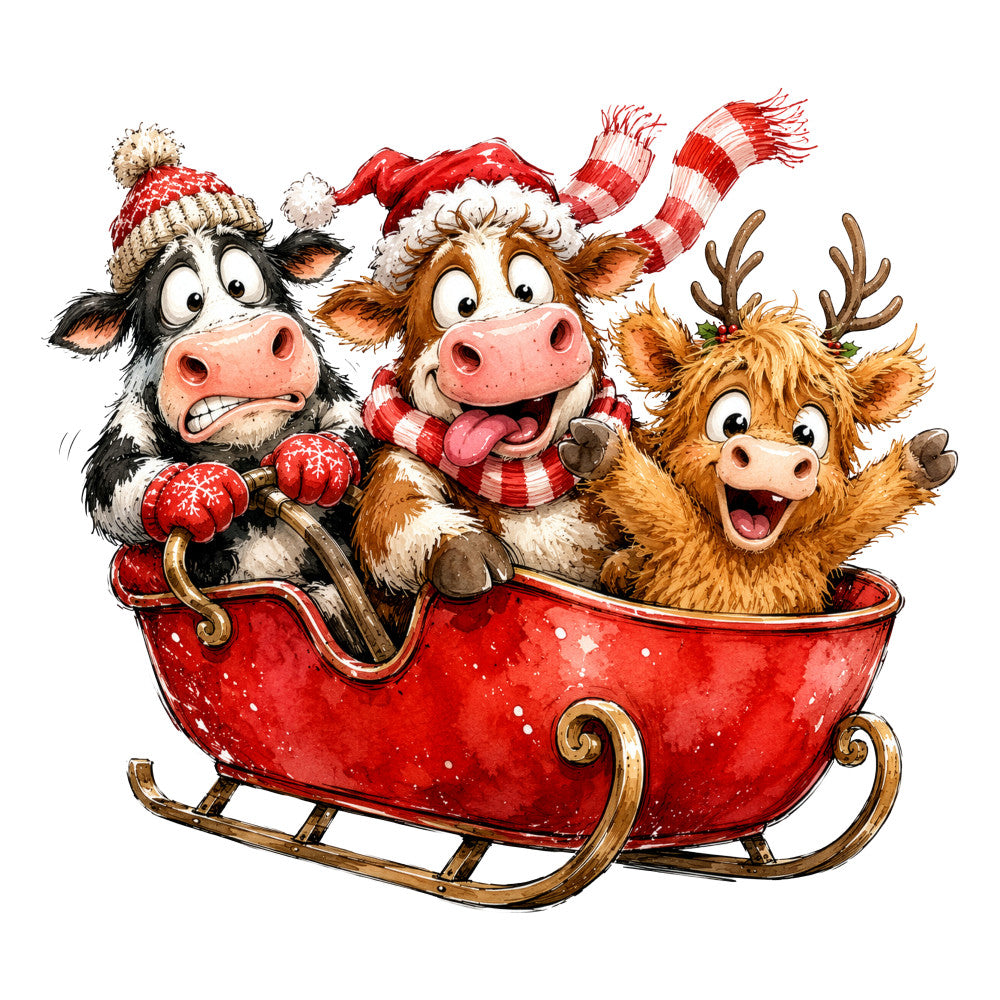 christmas, holiday, festive, red, cream, white, brown, gold, tan, animals, cows, reindeer, cattle, farm animals, farmhouse, whimsical, playful, cheerful, cute, humorous, funny, vintage, traditional, winter, sleigh, santa hat, striped, festive animals, jolly, rustic