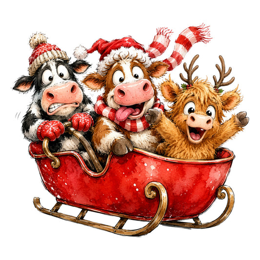 christmas, holiday, festive, red, cream, white, brown, gold, tan, animals, cows, reindeer, cattle, farm animals, farmhouse, whimsical, playful, cheerful, cute, humorous, funny, vintage, traditional, winter, sleigh, santa hat, striped, festive animals, jolly, rustic