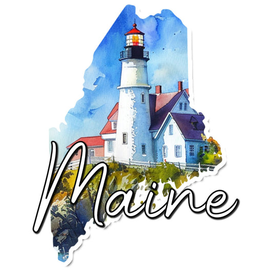 maine, lighthouse, coastal, nautical, state pride, geography, map, red roof, white tower, blue sky, watercolor, scenic, travel, landmark, east coast, regional, americana, architectural, building, house, cottage, vintage, traditional, landscape, nature, sky blue, cream white, barn red, navy blue, yellow green